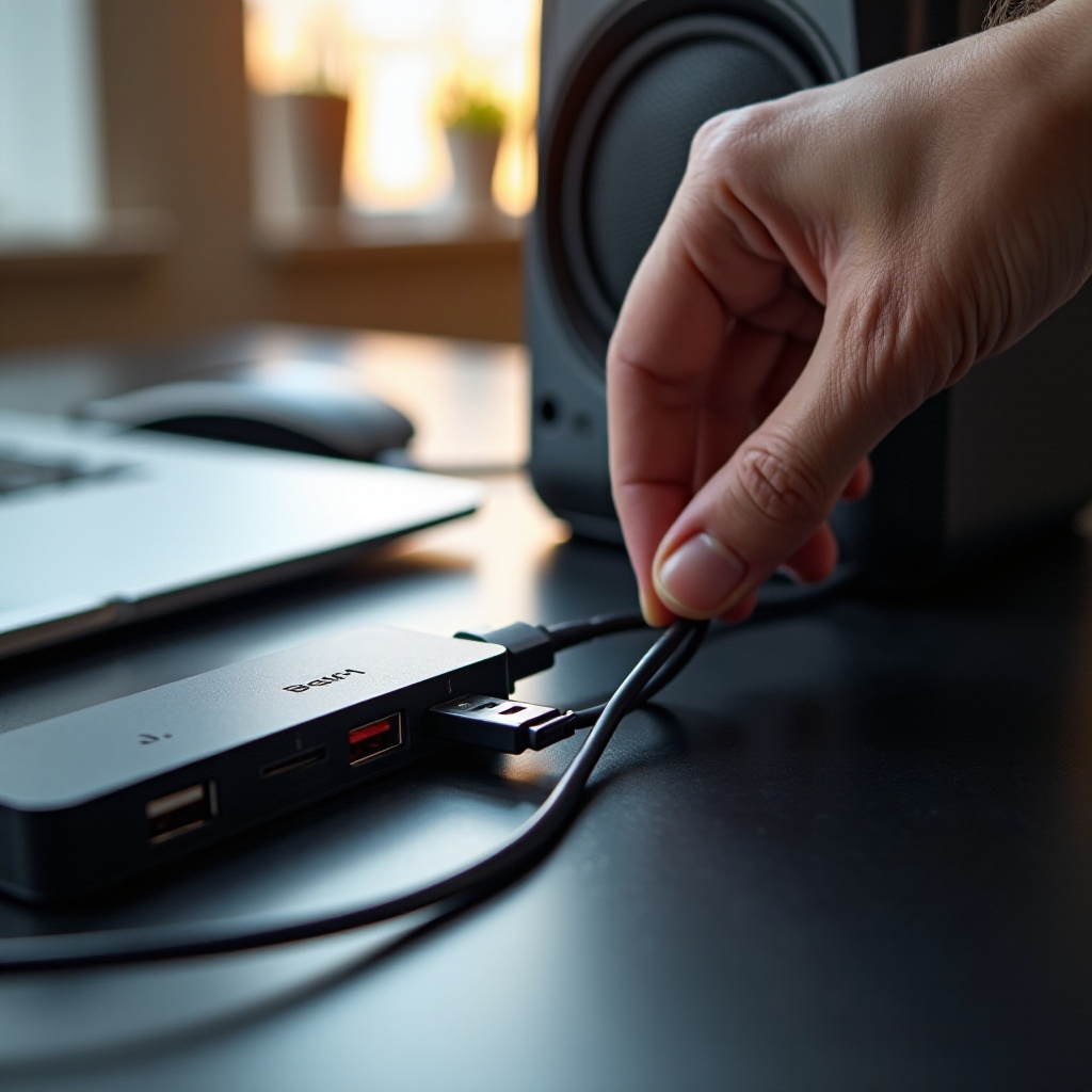 pembicara yang terhubung ke hub usb berdengung